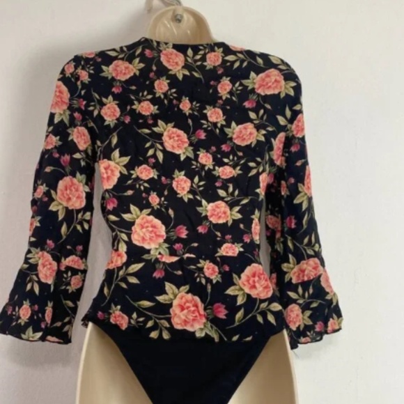 Zara Woman Top Floral Drawstring Black & Multicolor ¾ Sleeves Size XS - Picture 3 of 5